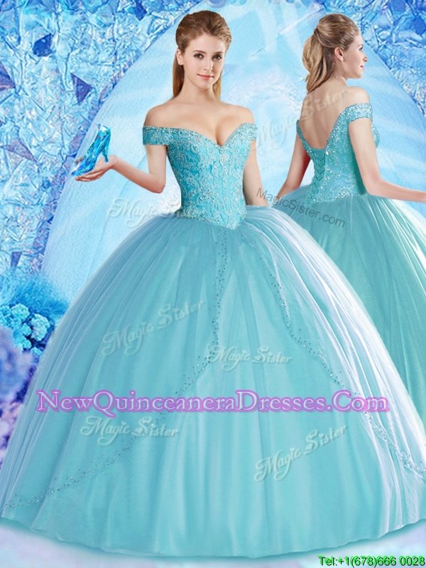 Gorgeous Aqua Blue Ball Gowns Tulle Off The Shoulder Sleeveless Beading Floor Length Lace Up Quince Ball Gowns