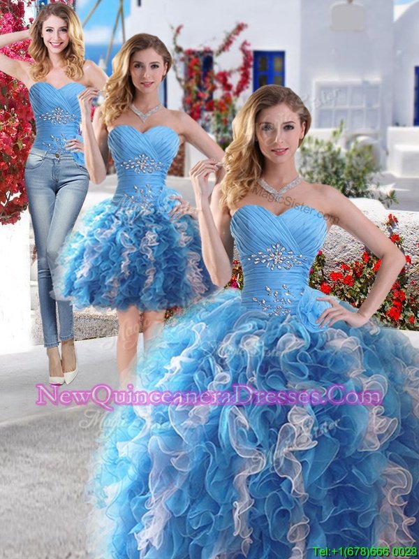 Unique Three Piece White and Blue and Blue And White Sweetheart Lace Up Beading Ball Gown Prom Dress Sleeveless