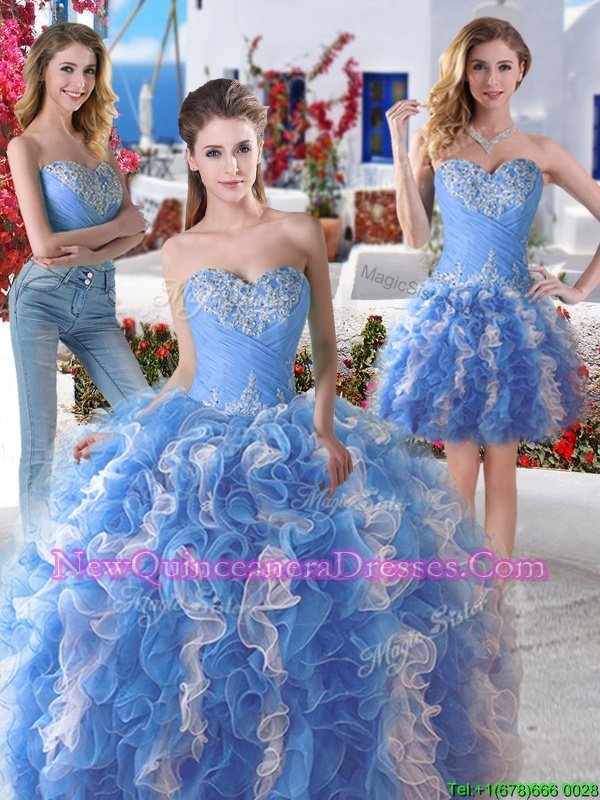 Attractive Three Piece White and Blue and Blue And White Sleeveless Organza Lace Up Sweet 16 Dresses for Military Ball and Sweet 16 and Quinceanera