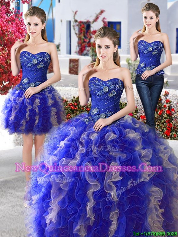 Low Price Three Piece Royal Blue and Champagne Ball Gowns Beading Quinceanera Gowns Lace Up Organza Sleeveless Floor Length