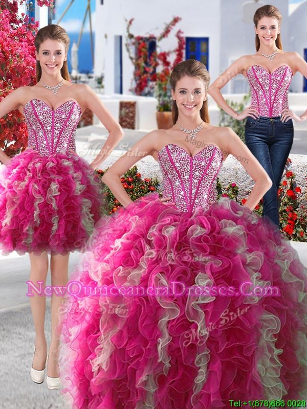 Gorgeous Three Piece White and Hot Pink Ball Gowns Beading Quince Ball Gowns Lace Up Organza Sleeveless Floor Length