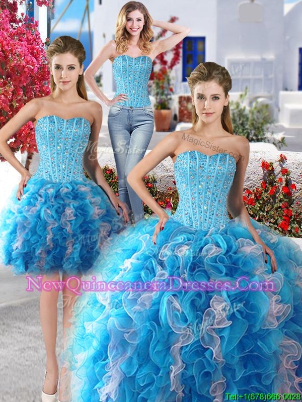 Romantic Three Piece Sleeveless Organza Floor Length Lace Up Quinceanera Dresses in White and Baby Blue withBeading