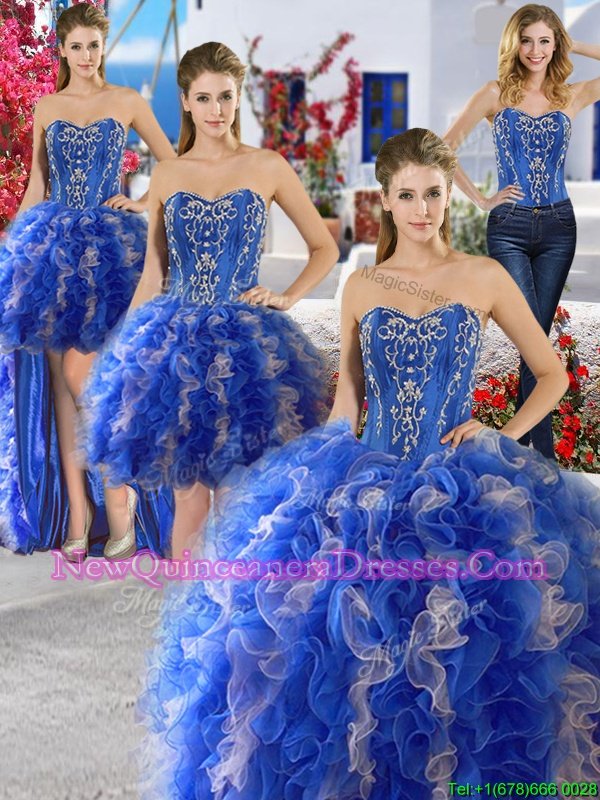 Four Piece Royal Blue and Champagne Organza Lace Up Vestidos de Quinceanera Sleeveless Floor Length Beading