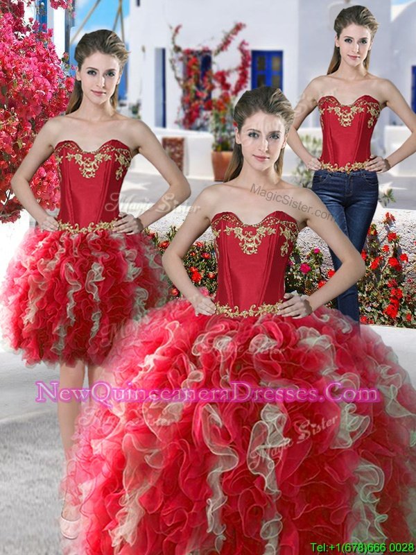 Beauteous Three Piece Floor Length Red and Champagne Sweet 16 Quinceanera Dress Organza Sleeveless Spring and Summer and Fall and Winter Beading