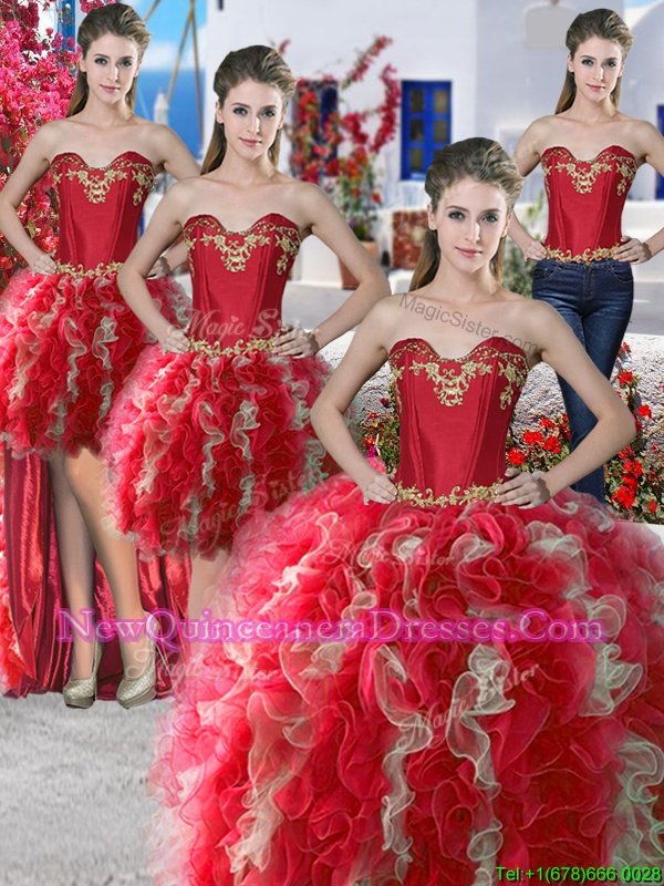 Four Piece Red and Champagne Sweetheart Neckline Beading Sweet 16 Quinceanera Dress Sleeveless Lace Up