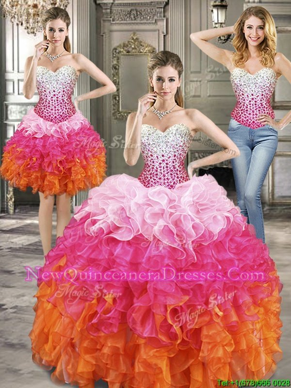 Fancy Three Piece Multi-color Lace Up Sweetheart Beading Vestidos de Quinceanera Organza Sleeveless