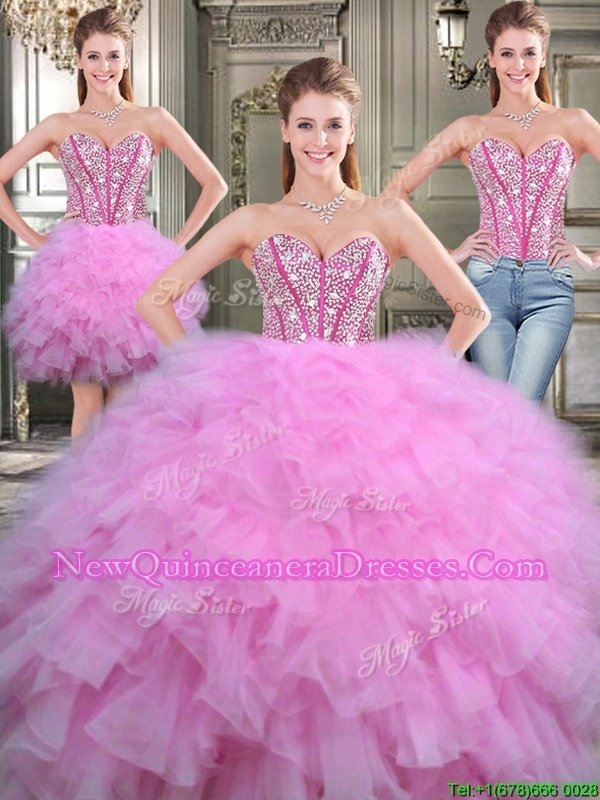 Beautiful Three Piece Lilac Sweetheart Neckline Beading Quinceanera Dresses withJewelry Sleeveless Lace Up