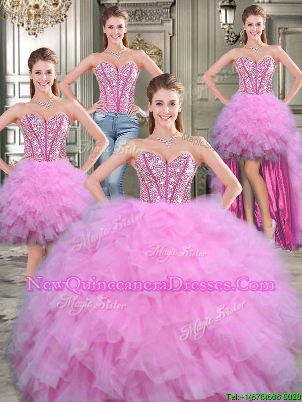 Four Piece Lilac Ball Gowns Tulle Sweetheart Sleeveless Beading Floor Length Lace Up Sweet 16 Dresses