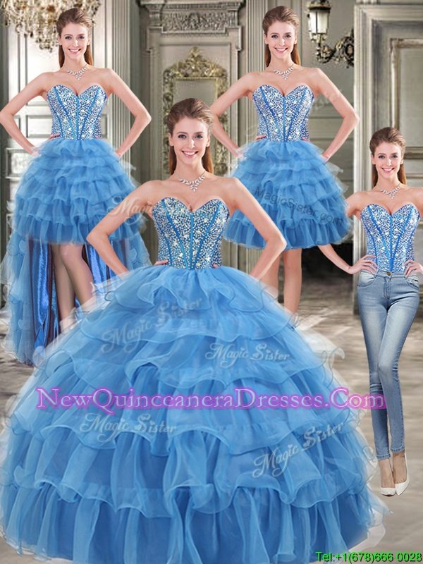 Fitting Four Piece Sweetheart Sleeveless 15th Birthday Dress Floor Length Beading and Ruffled Layers Blue Organza