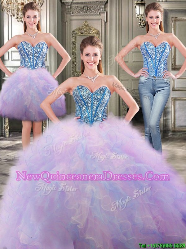 Lovely Three Piece Beading and Ruffles Sweet 16 Quinceanera Dress Multi-color Lace Up Sleeveless Floor Length