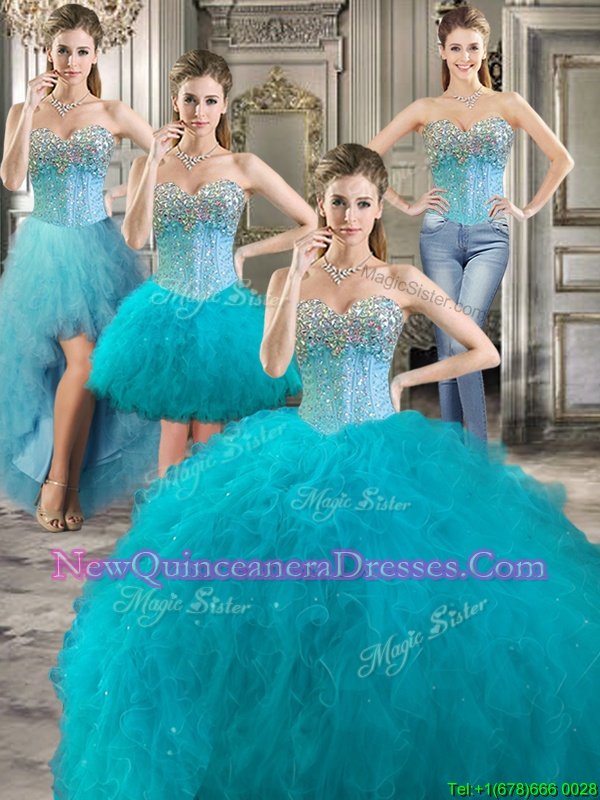 Traditional Four Piece Floor Length Aqua Blue Quinceanera Dress Tulle Sleeveless Spring and Summer and Fall and Winter Beading and Ruffles