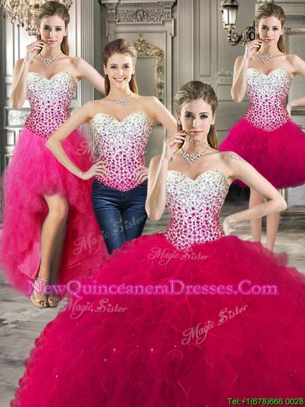 Excellent Four Piece Floor Length Hot Pink Ball Gown Prom Dress Sweetheart Sleeveless Lace Up