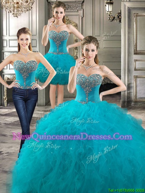 Pretty Three Piece Sleeveless Lace Up Floor Length Ruffles 15 Quinceanera Dress