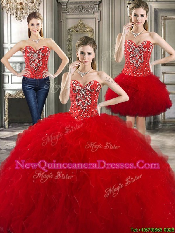 Fantastic Three Piece Red Quinceanera Gowns Military Ball and Sweet 16 and Quinceanera and For withBeading and Ruffles Sweetheart Sleeveless Lace Up