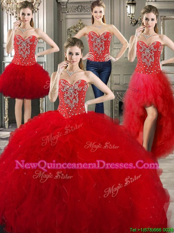 Wonderful Four Piece Red Sweetheart Lace Up Beading and Ruffles Vestidos de Quinceanera Sleeveless