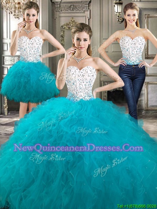 Graceful Three Piece White Tulle Lace Up Vestidos de Quinceanera Sleeveless Floor Length Beading and Ruffles