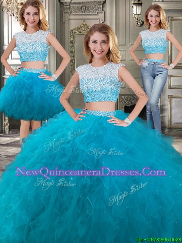 Inexpensive Three Piece Teal Scoop Neckline Beading and Ruffles Quinceanera Dress Cap Sleeves Backless