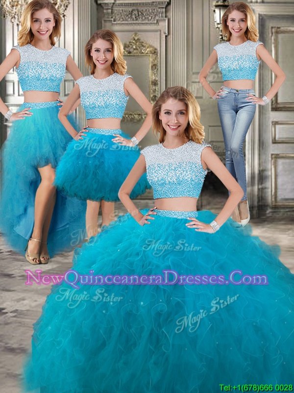 High Quality Four Piece Scoop Beading and Ruffles Quince Ball Gowns Teal Lace Up Cap Sleeves Floor Length