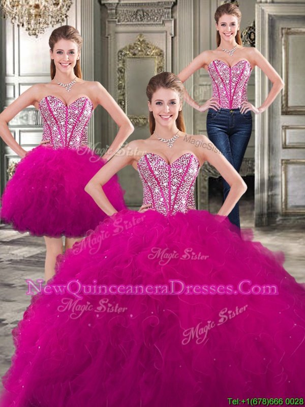 Flirting Three Piece Fuchsia Sleeveless Tulle Lace Up Vestidos de Quinceanera for Military Ball and Sweet 16 and Quinceanera