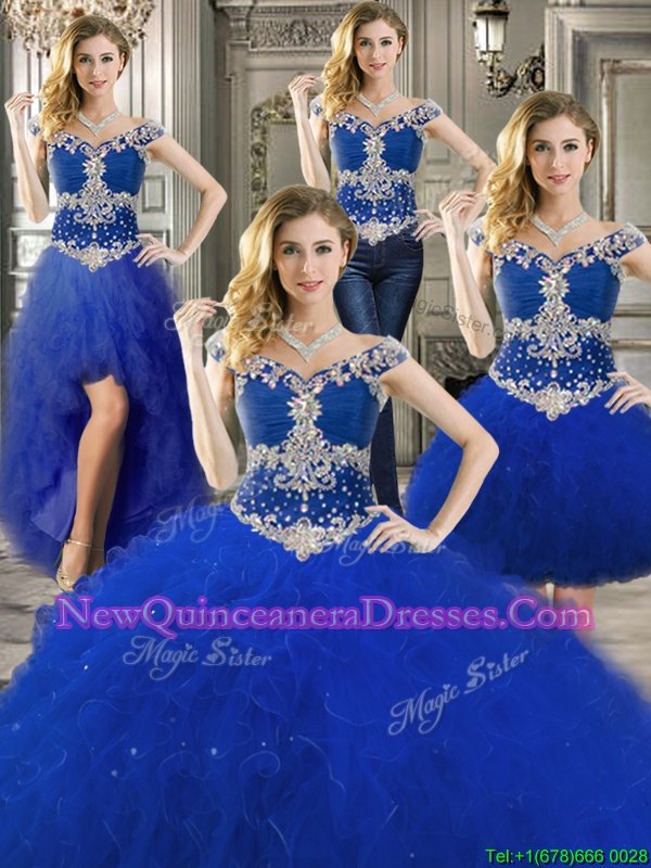 Deluxe Three Piece Off the Shoulder Sleeveless Tulle Floor Length Zipper Quinceanera Dresses inRoyal Blue withBeading and Ruffles