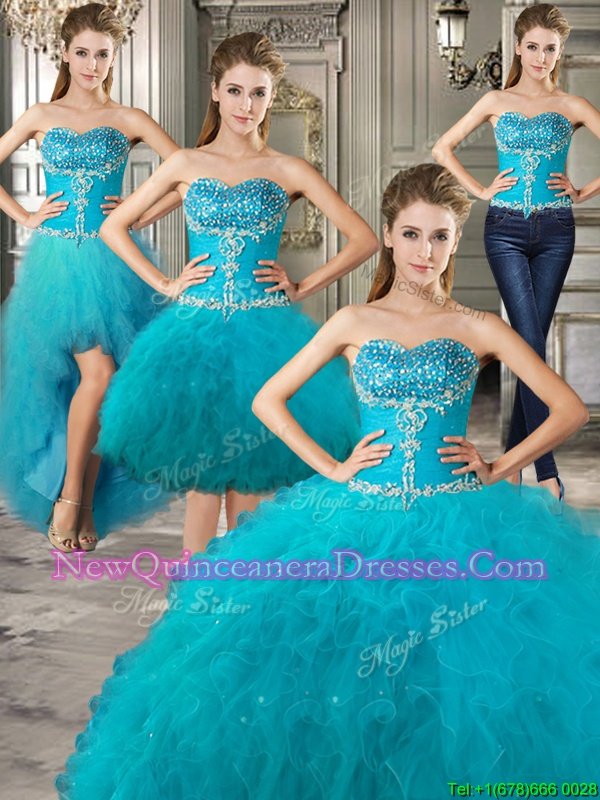 Noble Four Piece Floor Length Lace Up 15th Birthday Dress Teal and In for Military Ball and Sweet 16 and Quinceanera withBeading and Ruffles