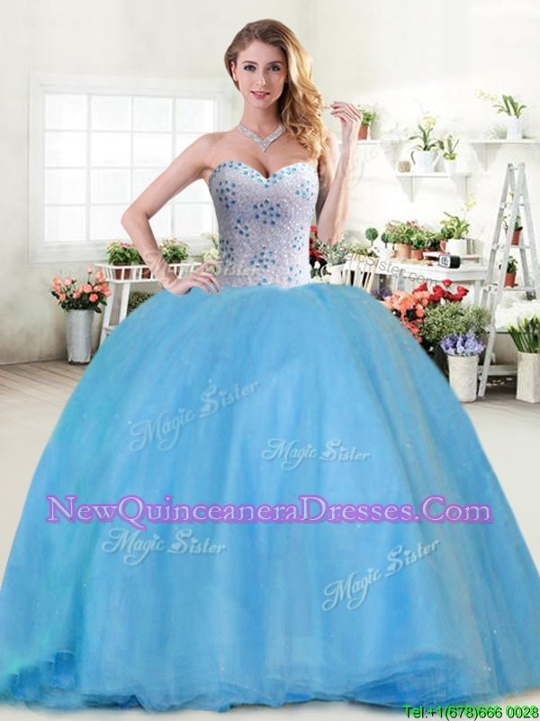 Elegant Sweetheart Sleeveless Lace Up Ball Gown Prom Dress Baby Blue Tulle