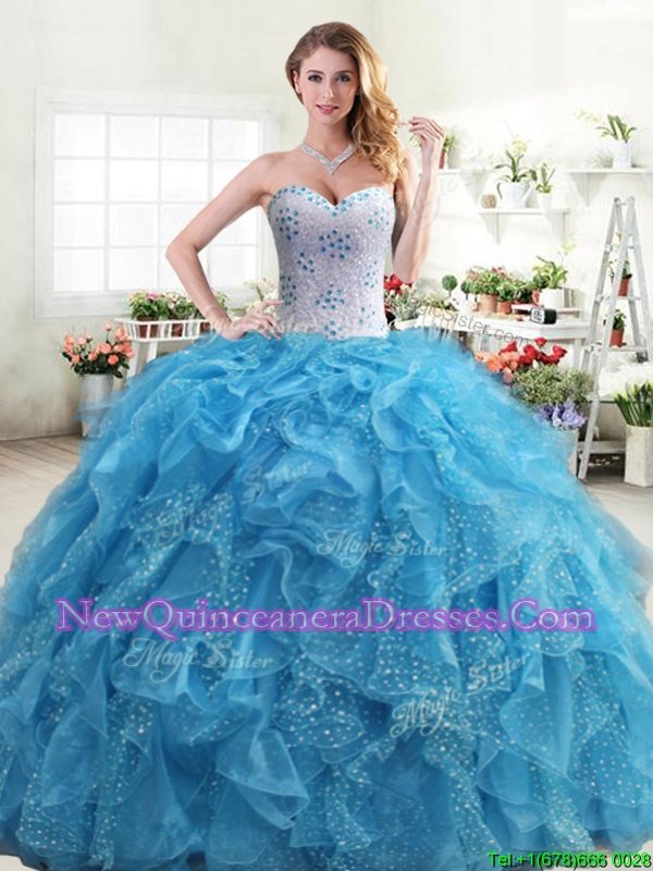 Pretty Baby Blue Ball Gowns Beading and Ruffles Ball Gown Prom Dress Lace Up Organza Sleeveless Floor Length