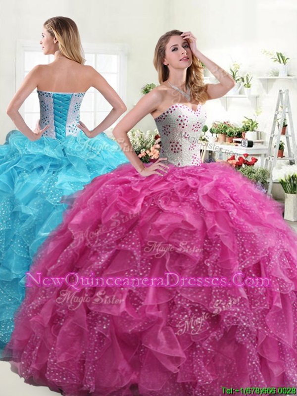 Fitting Hot Pink Sweetheart Lace Up Beading and Ruffles Sweet 16 Dresses Sleeveless