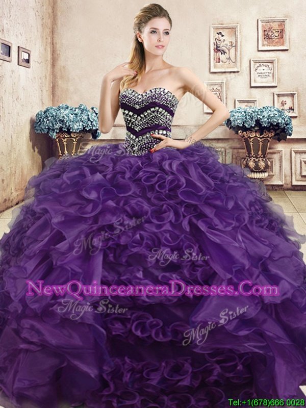 Hot Selling Purple Ball Gowns Sweetheart Sleeveless Organza Floor Length Lace Up Beading and Ruffles Sweet 16 Quinceanera Dress