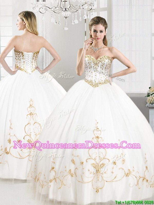 Trendy White Sleeveless Beading and Appliques Floor Length Quinceanera Gowns