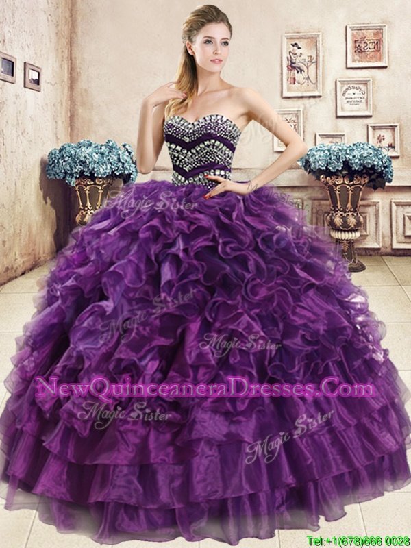 Extravagant Purple Ball Gowns Organza Sweetheart Sleeveless Beading and Ruffles Floor Length Lace Up Quince Ball Gowns