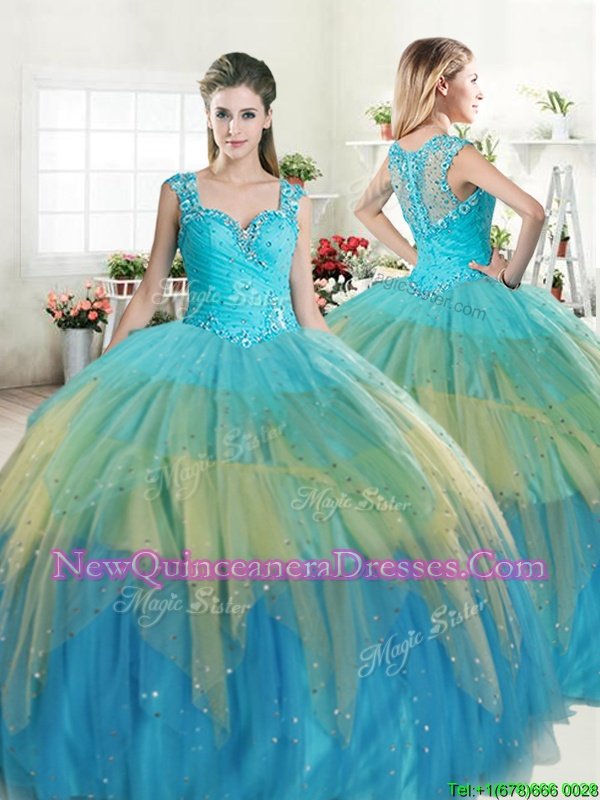 Fine Ruffled Straps Sleeveless Zipper Ball Gown Prom Dress Multi-color Tulle