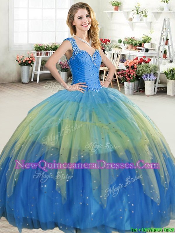 Custom Designed Multi-color Straps Zipper Beading and Ruffled Layers Sweet 16 Dress Sleeveless