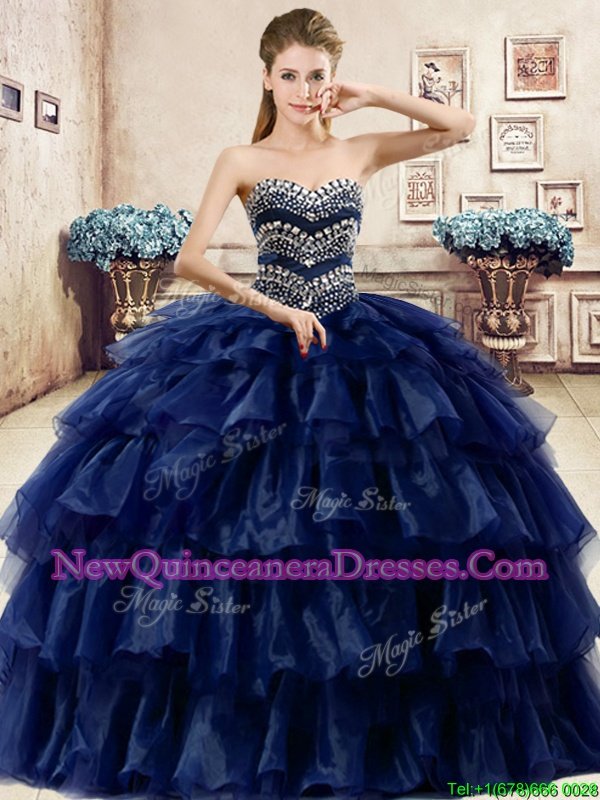 Fancy Navy Blue Ball Gowns Organza Sweetheart Sleeveless Ruffled Layers Floor Length Lace Up 15th Birthday Dress