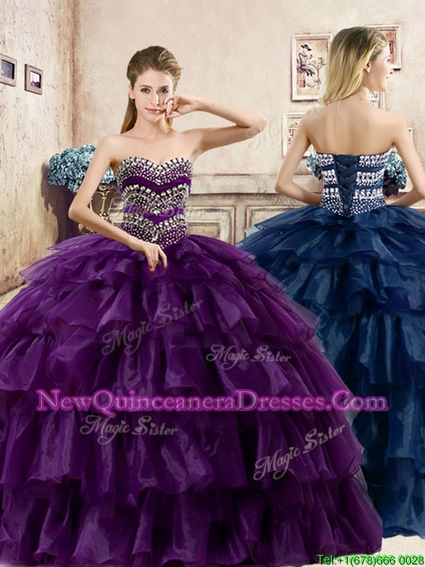 Flirting Sleeveless Organza Floor Length Lace Up Vestidos de Quinceanera inPurple withBeading and Ruffled Layers