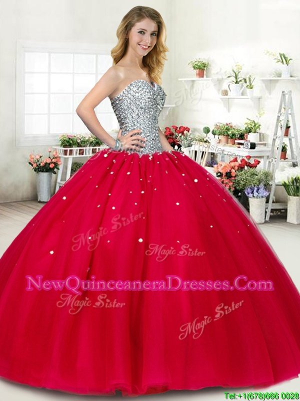 Fantastic Red Sleeveless Beading Floor Length Quinceanera Dress