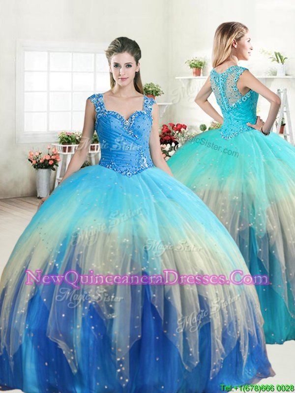 Flirting Straps Straps Sleeveless Floor Length Beading and Ruffles Zipper Quinceanera Dress with Multi-color