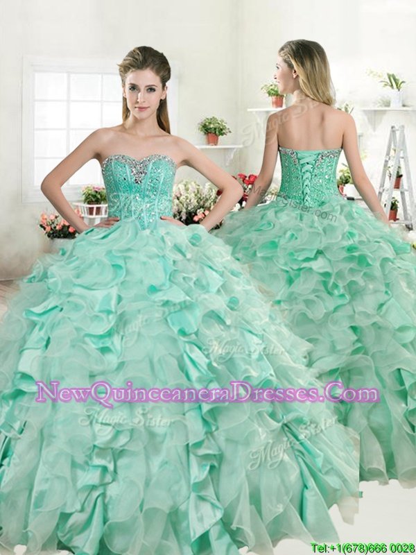 Shining Apple Green Sweetheart Neckline Beading and Ruffles Sweet 16 Dress Sleeveless Lace Up