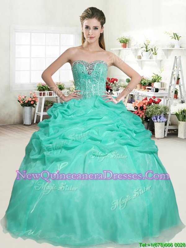 Apple Green Organza Lace Up Quinceanera Gown Sleeveless Floor Length Beading and Pick Ups