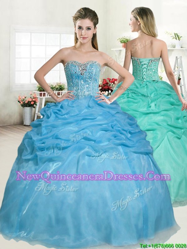 High End Sweetheart Sleeveless Organza Sweet 16 Quinceanera Dress Beading and Pick Ups Lace Up