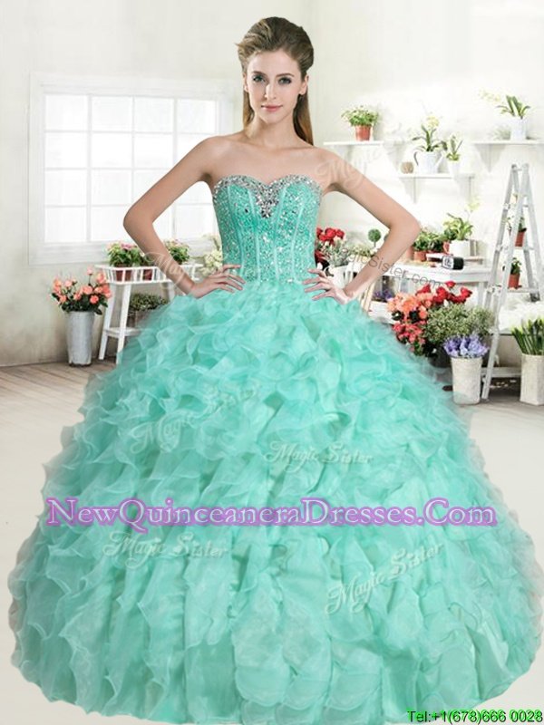 Elegant Apple Green Ball Gowns Sweetheart Sleeveless Organza Floor Length Lace Up Beading and Ruffles Ball Gown Prom Dress