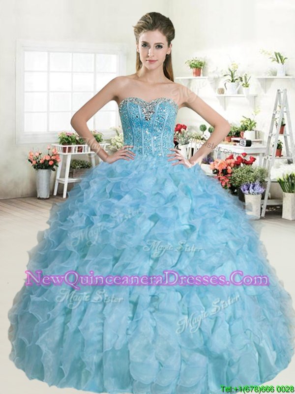 Baby Blue Sleeveless Beading and Ruffles Floor Length Vestidos de Quinceanera