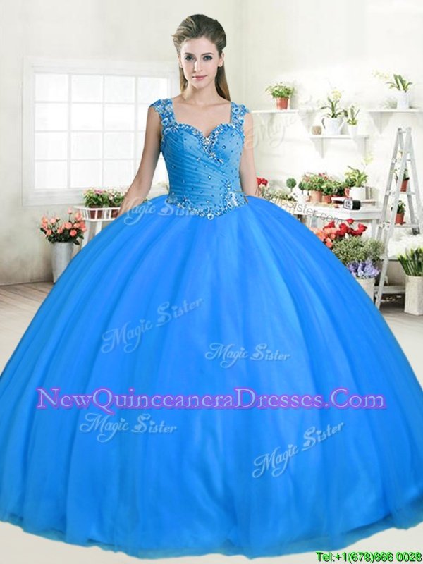 Admirable Straps Straps Blue Zipper Quinceanera Gowns Beading Sleeveless Floor Length