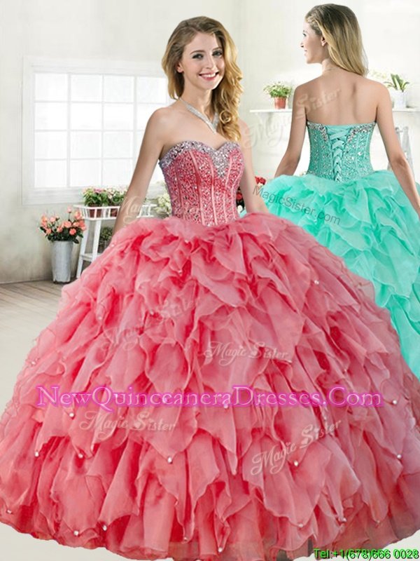 Enchanting Floor Length Lace Up Quinceanera Gowns Watermelon Red and Coral Red and In for Military Ball and Sweet 16 and Quinceanera withBeading