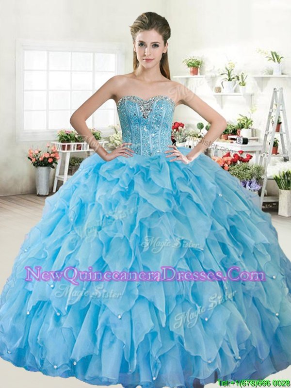 Vintage Baby Blue Organza and Tulle Lace Up 15 Quinceanera Dress Sleeveless Floor Length Beading