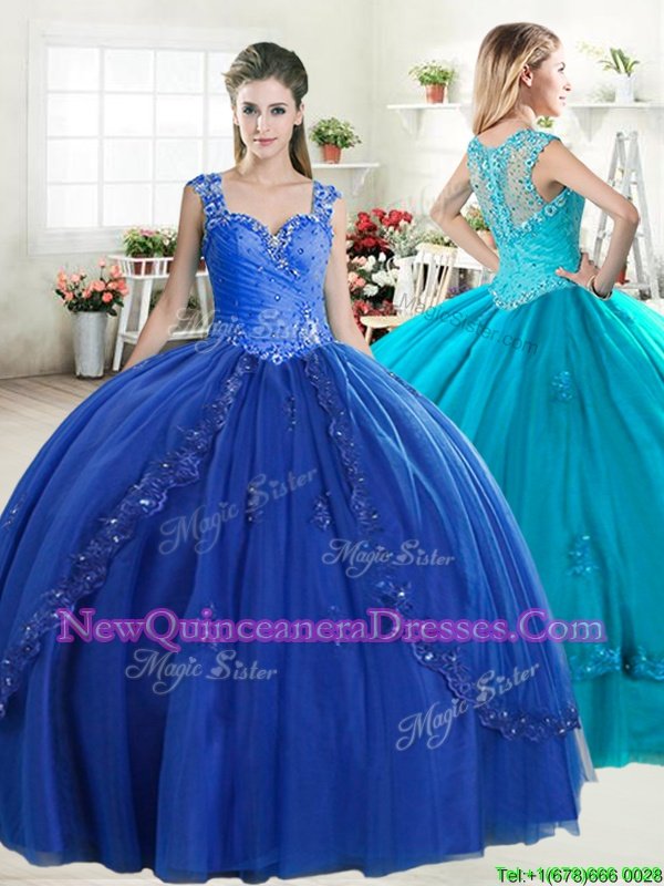 Floor Length Zipper Quinceanera Gown Royal Blue and In for Military Ball and Sweet 16 and Quinceanera withBeading