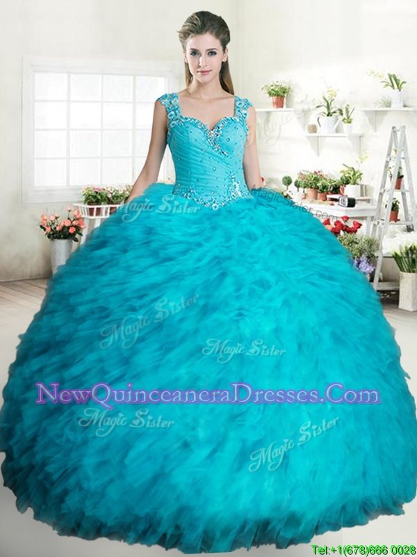 Elegant Straps Straps Aqua Blue Ball Gowns Beading and Ruffles 15 Quinceanera Dress Zipper Tulle Sleeveless Floor Length