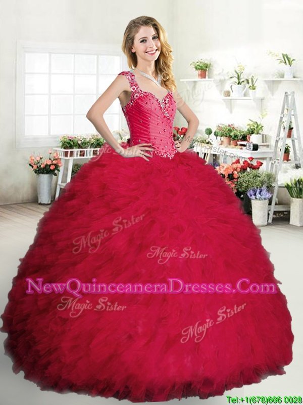 Decent Straps Straps Coral Red Sleeveless Beading and Ruffles Floor Length Sweet 16 Dresses