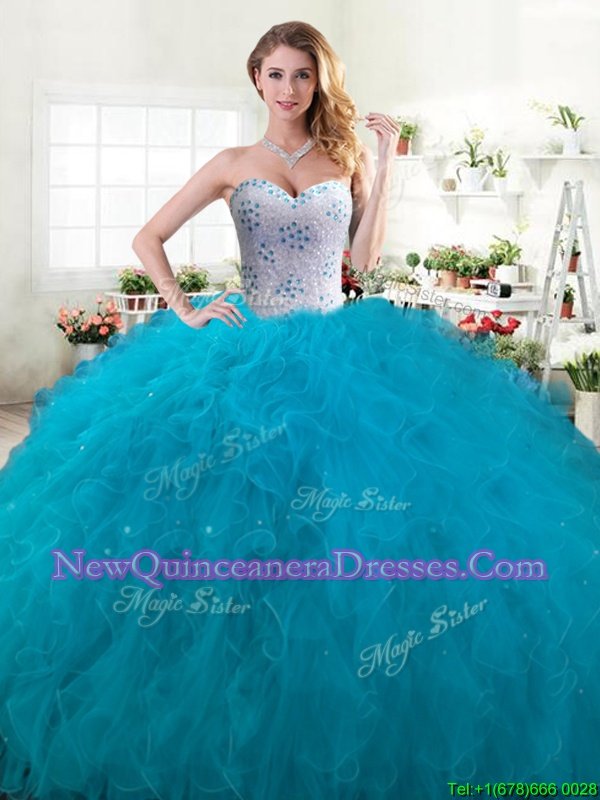 Custom Designed Sleeveless Lace Up Floor Length Beading and Ruffles Vestidos de Quinceanera