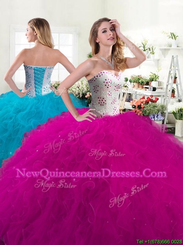 Colorful Fuchsia Lace Up 15th Birthday Dress Beading and Ruffles Sleeveless Floor Length